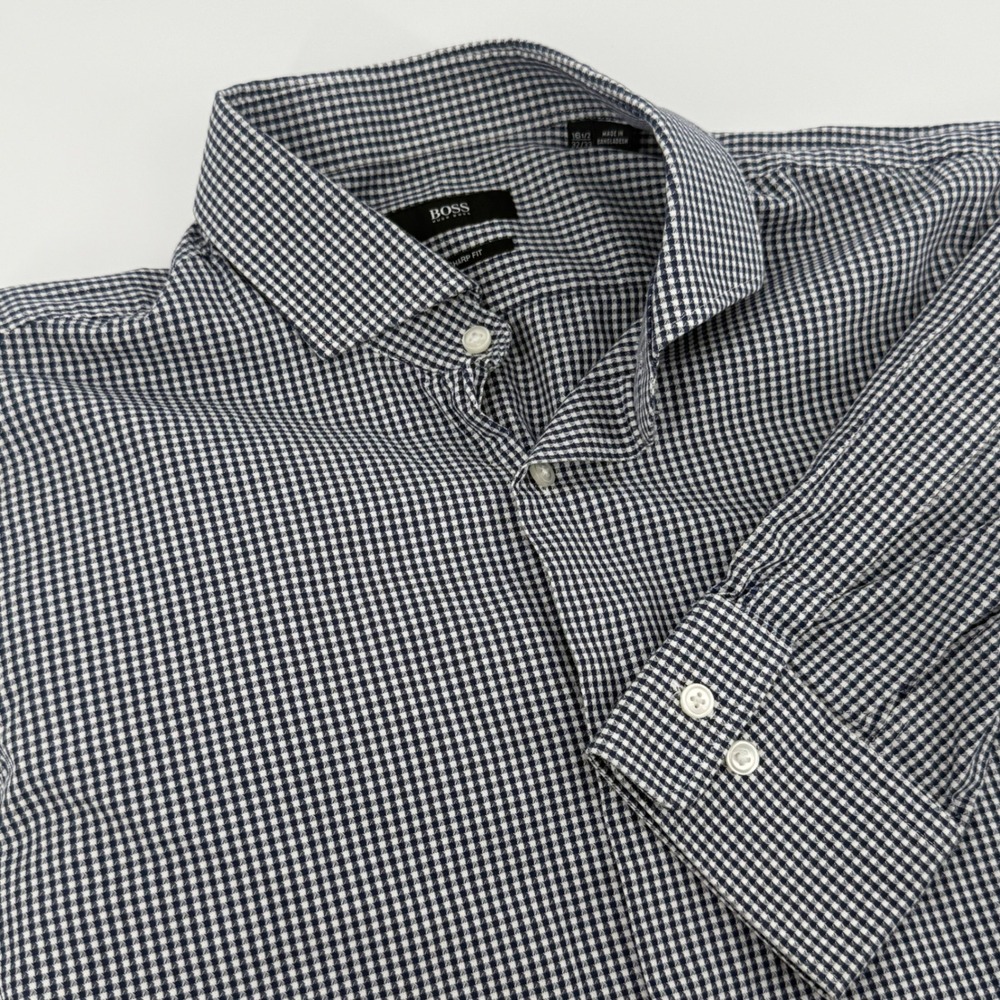 Hugo‎ Boss Mens Sharp Fit Gingham Dress Shirt Navy White 16.5 32/33 Long Sleeve